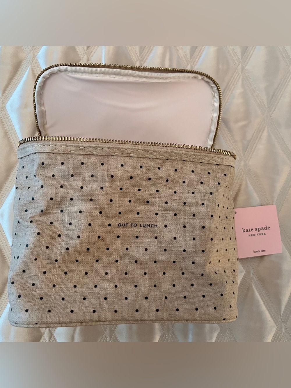 KateSpade 'Out to Lunch' Beige Polka Dot Lunch Tote - Picture 4 of 11